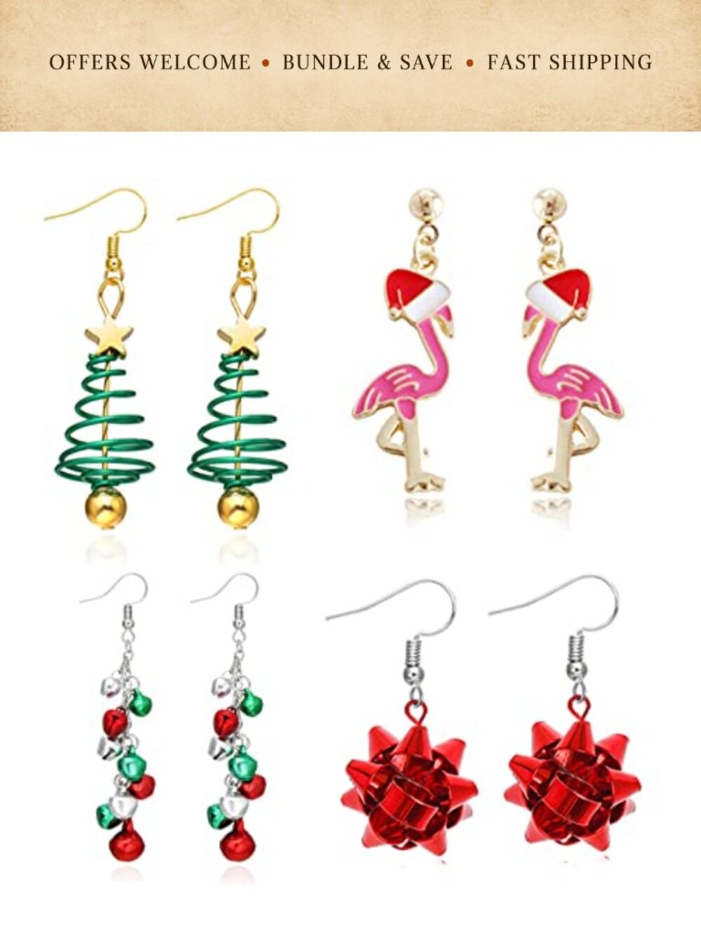 Christmas Dangle Earrings Set Bow Tree Jingle Candy Xmas Holiday Jewelry